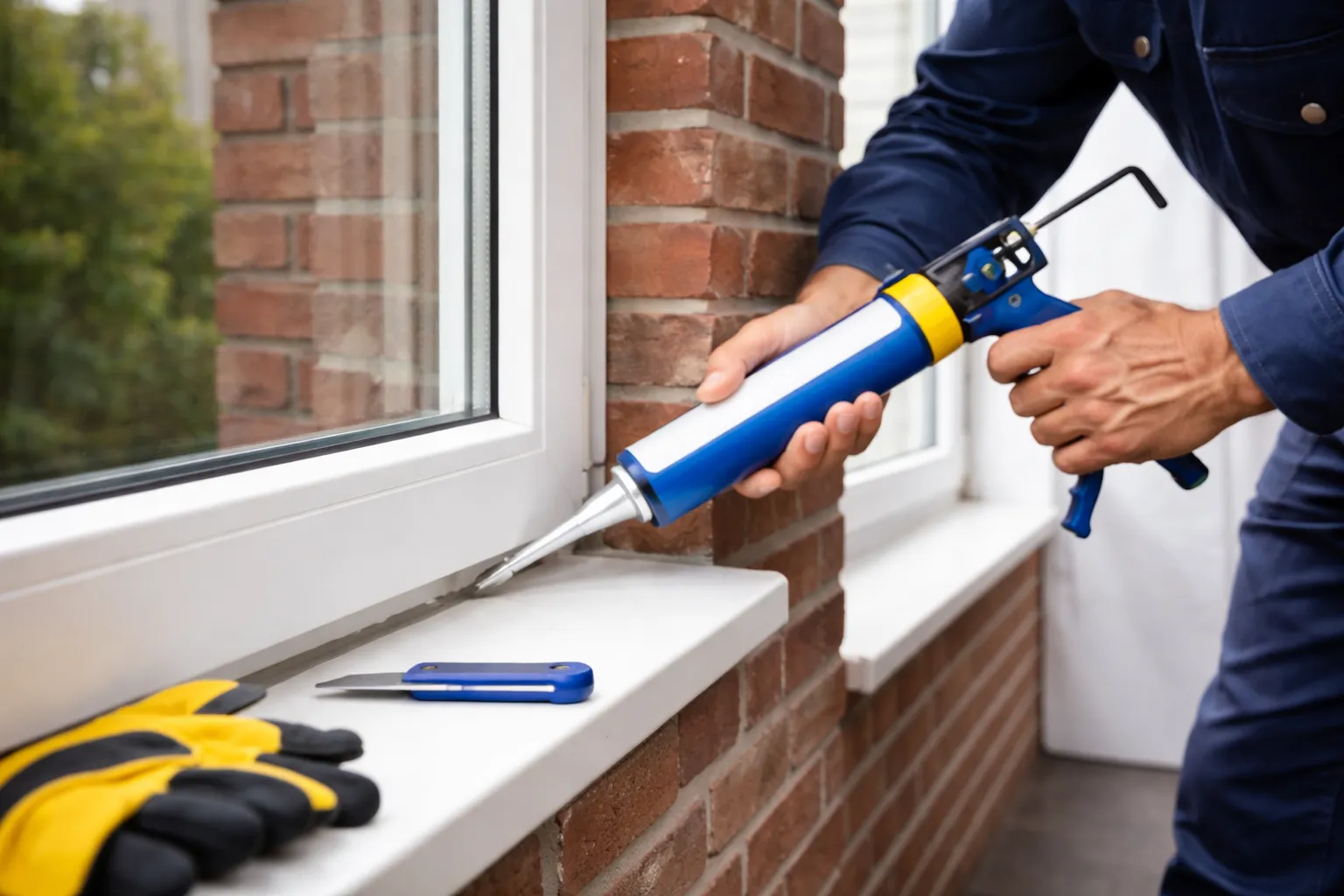 Man brengt kit aan rond een wit raamkozijn buiten om kieren af te dichten.
