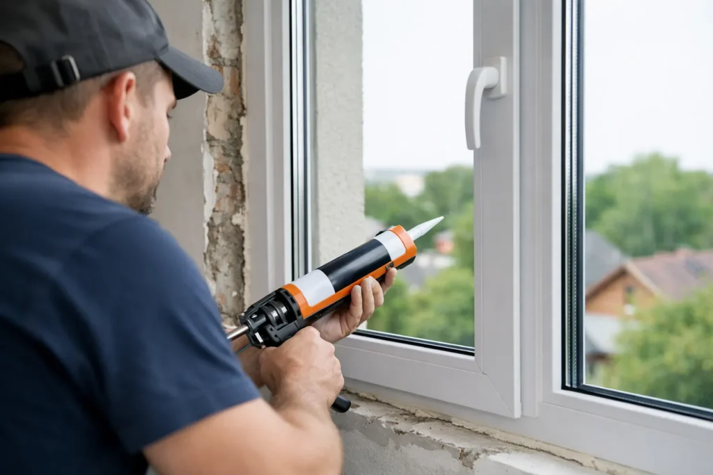 Monteur plaatst en kit een wit kunststof raamkozijn tegen tochtproblemen