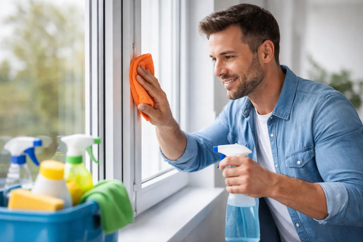 Man maakt wit kunststof kozijn schoon met doek en sprayfles