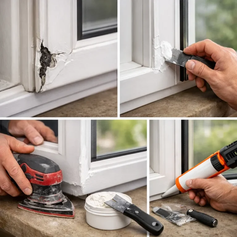 Herstel van beschadigd wit kunststof raamkozijn met plamuur en kit