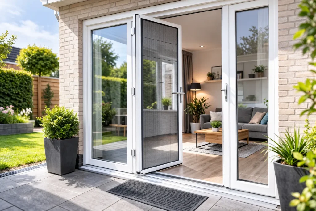 Witte kunststof hordeur in moderne achterdeur met uitzicht op tuin