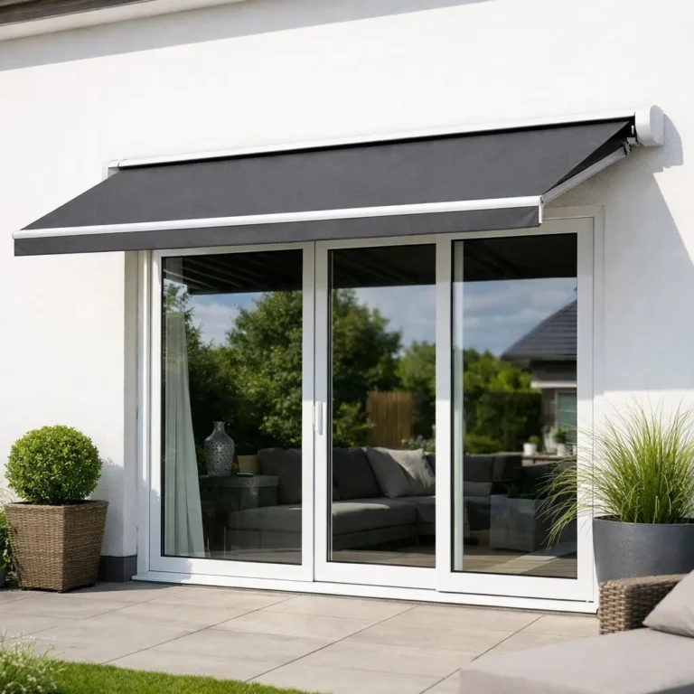 Moderne woning met grijze zonwering en witte kunststof schuifpui