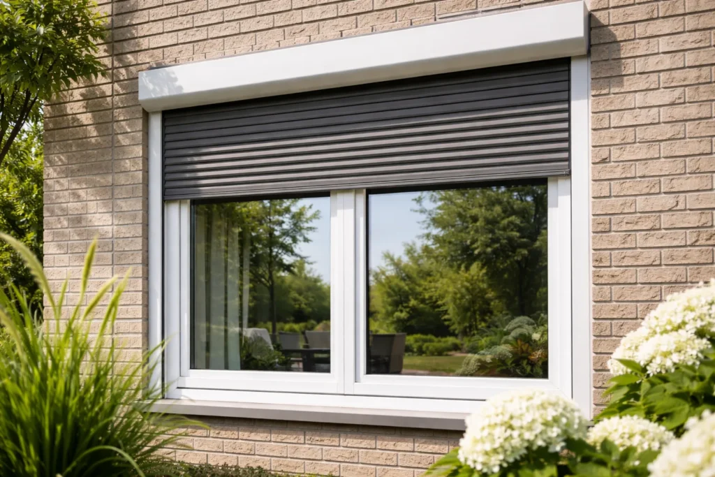Wit kunststof raam met grijs rolluik in bakstenen gevel