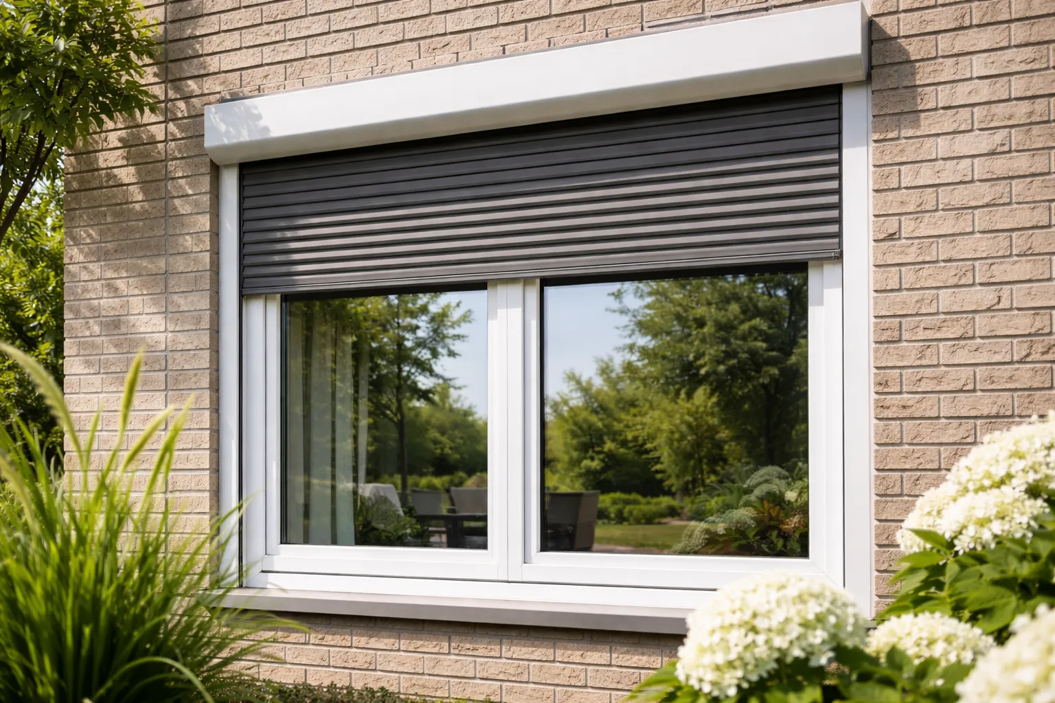 Wit kunststof raam met grijs rolluik in bakstenen gevel