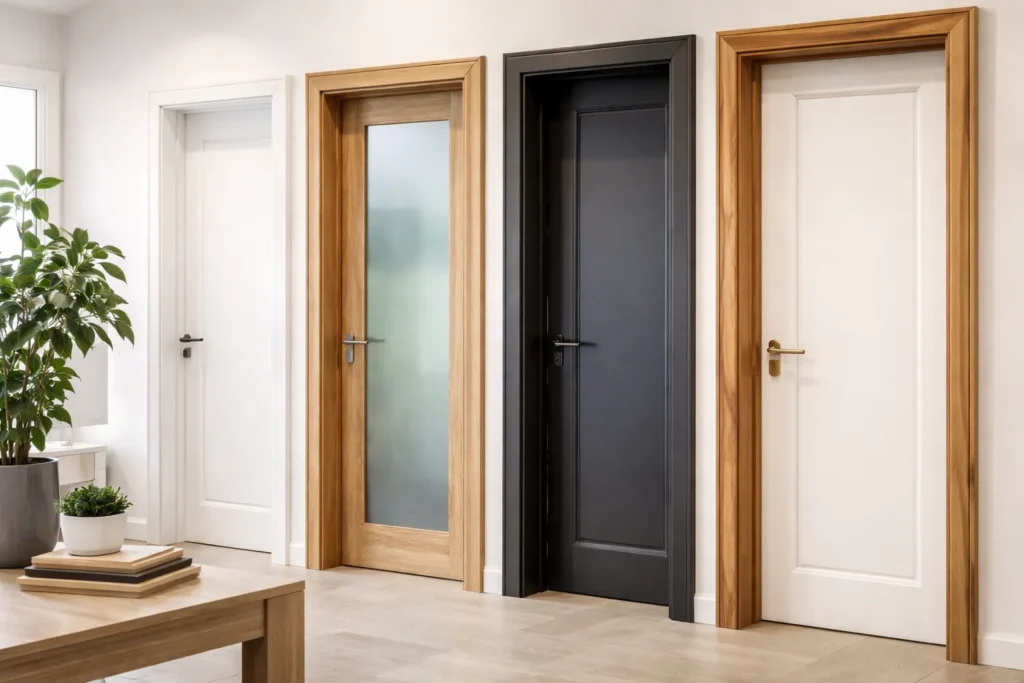 Vier verschillende deurkozijnen van hout, wit en zwart in showroom