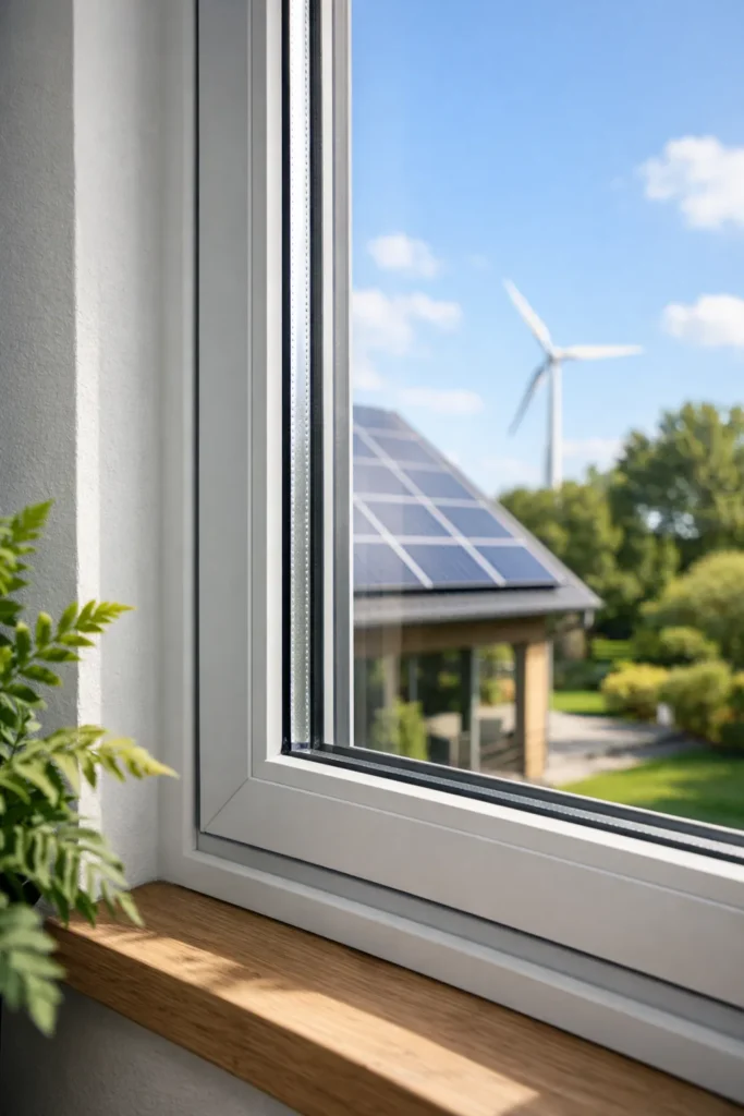 Energiezuinig raam met zonnepanelen en windmolen op de achtergrond
