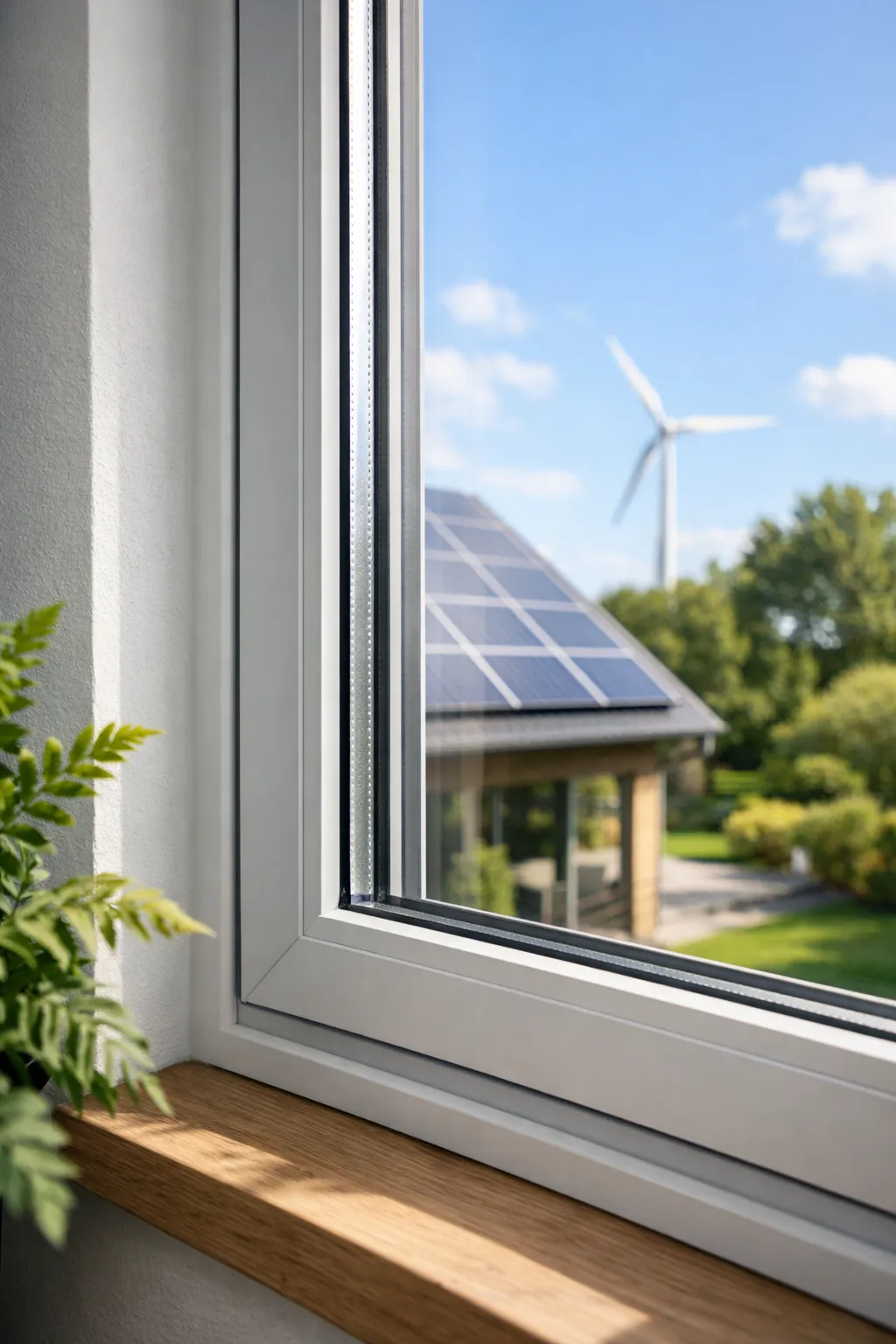 Energiezuinig raam met zonnepanelen en windmolen op de achtergrond