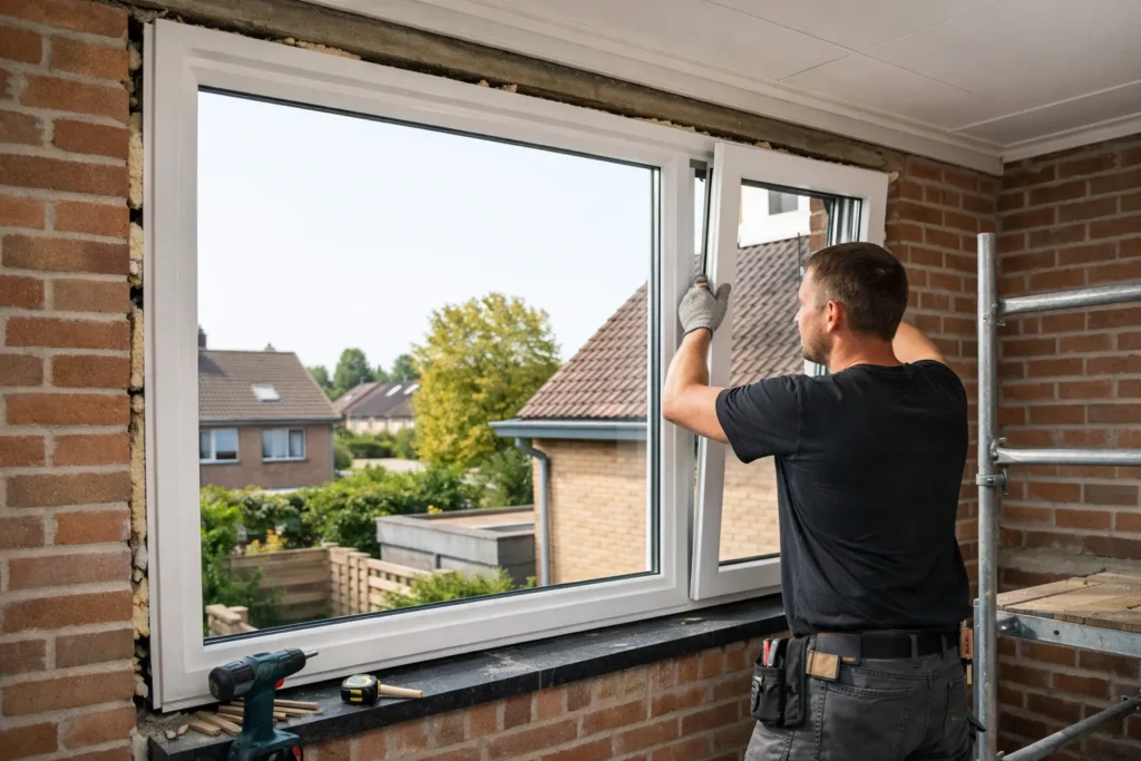 Monteur plaatst wit kunststof kozijn in bakstenen woning in Zwolle.