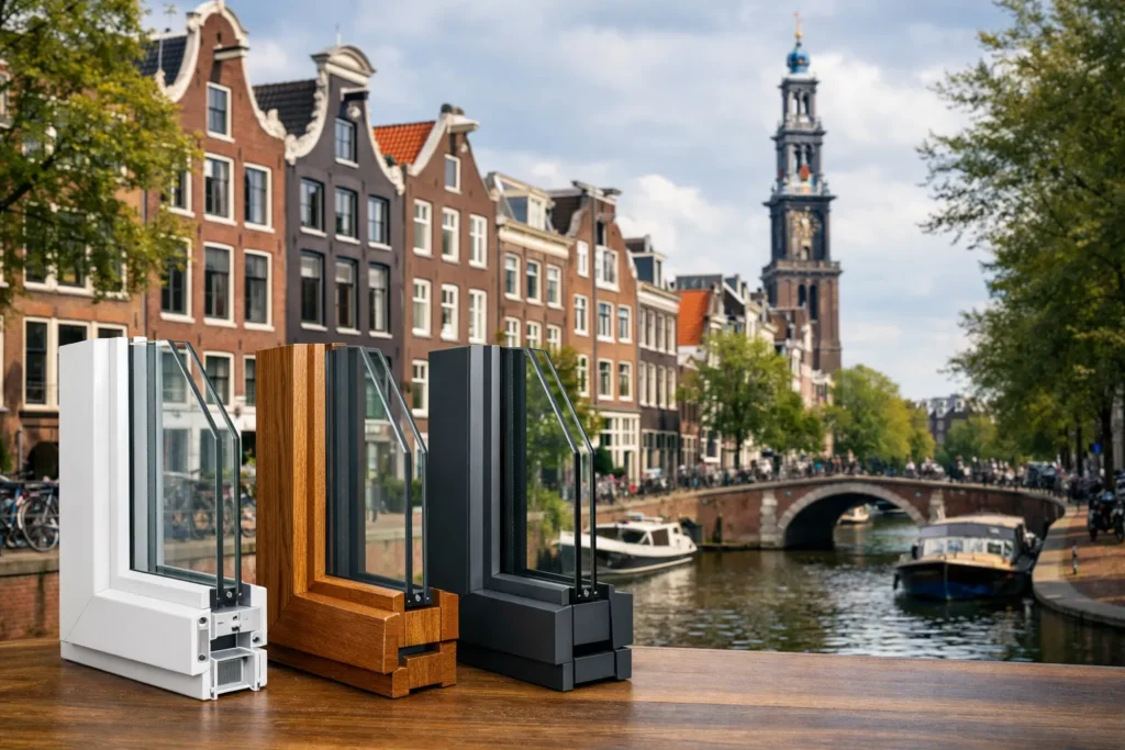 Traditionele Amsterdamse gevel met houten raamkozijnen langs een gracht