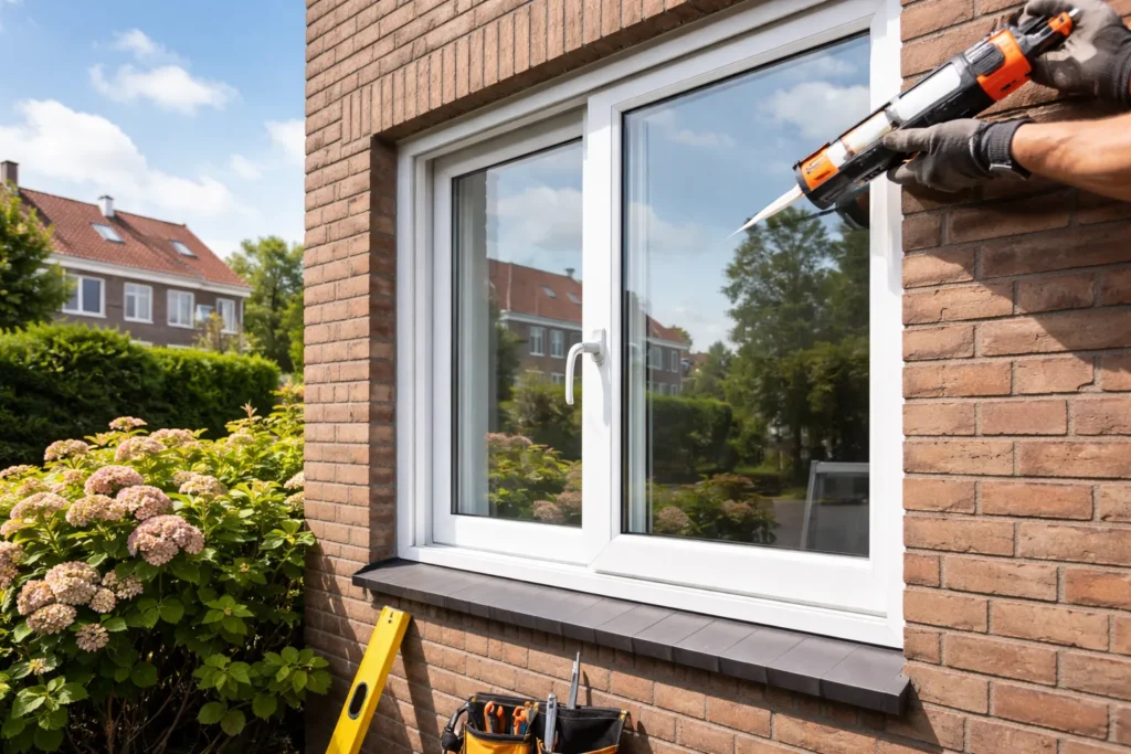 Monteur plaatst wit kunststof kozijn in bakstenen woning in Rotterdam